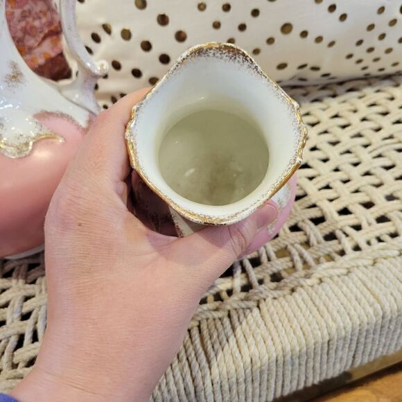 Antique Pitcher & Vase Set of Two Fluted - Pink, White, and Gold Semi Porcelain - Picture 3 of 5